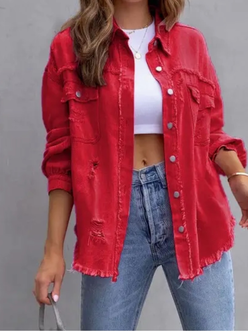 Distressed Dinem Red Button-Up Shacket
